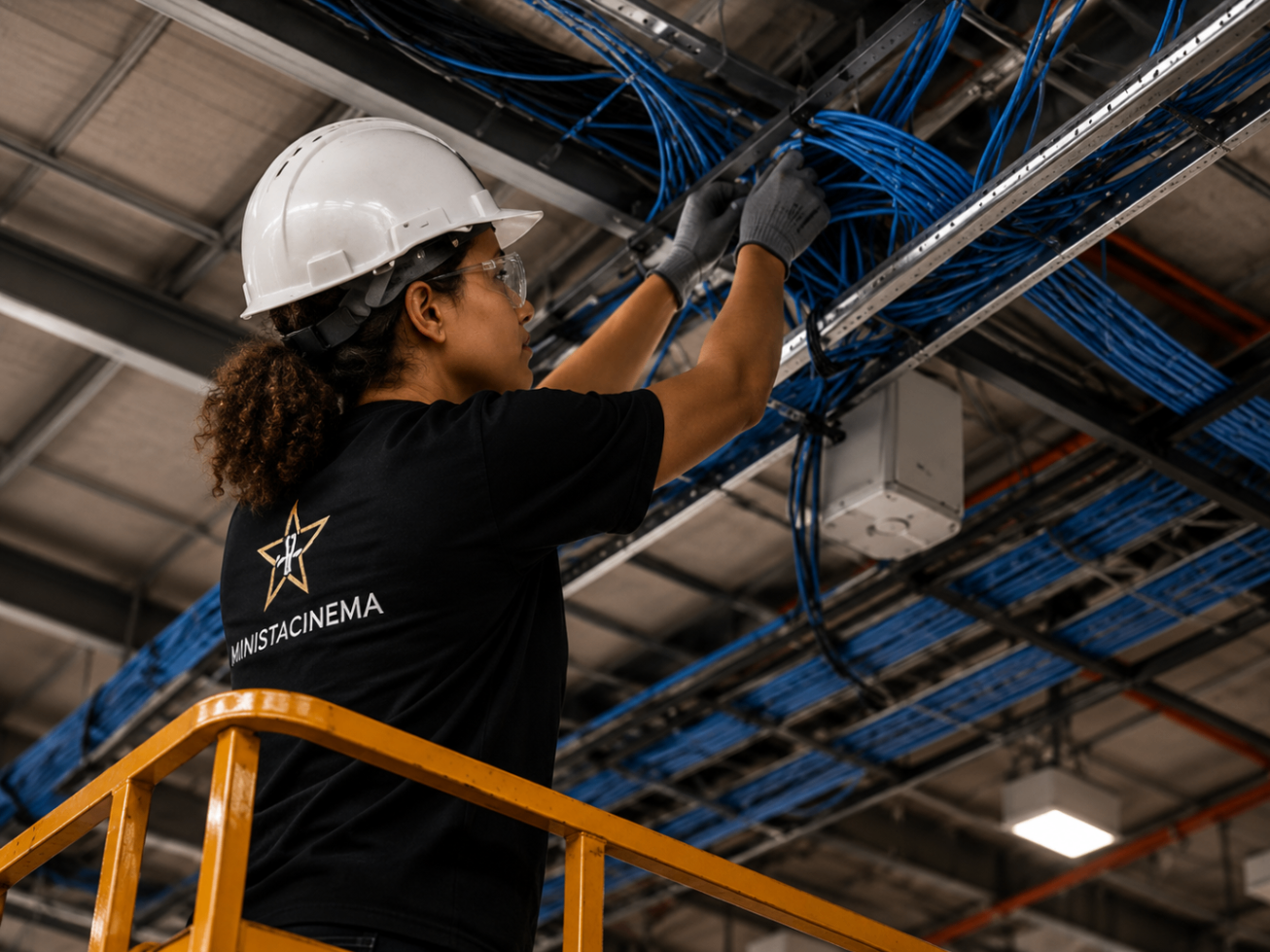 Technician running structured AV and media cabling for a production environment